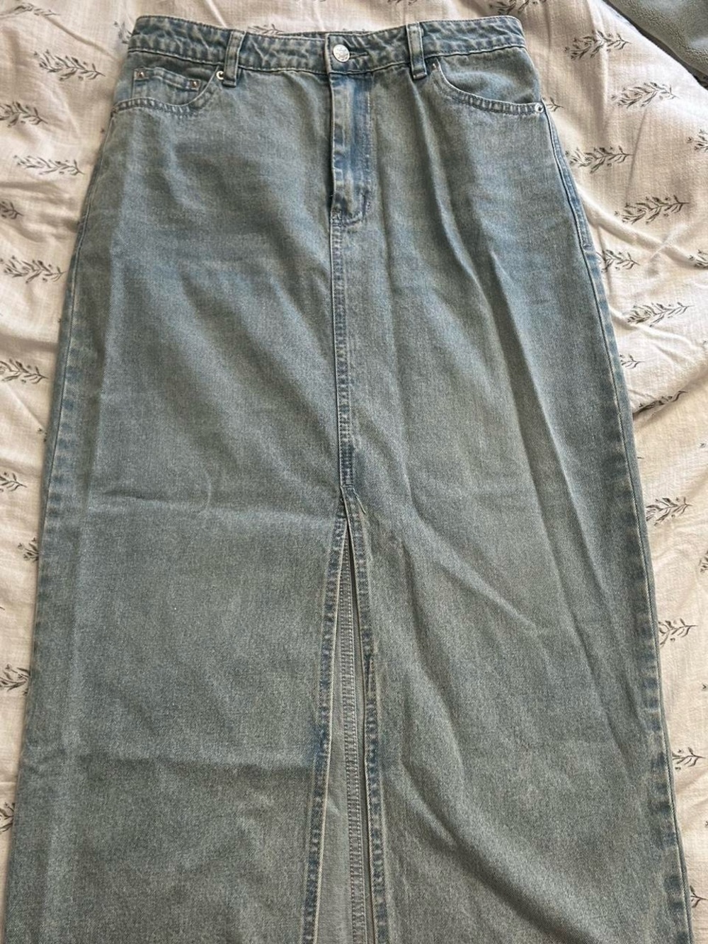 Light Blue Denim Maxi Skirt with Front Slit